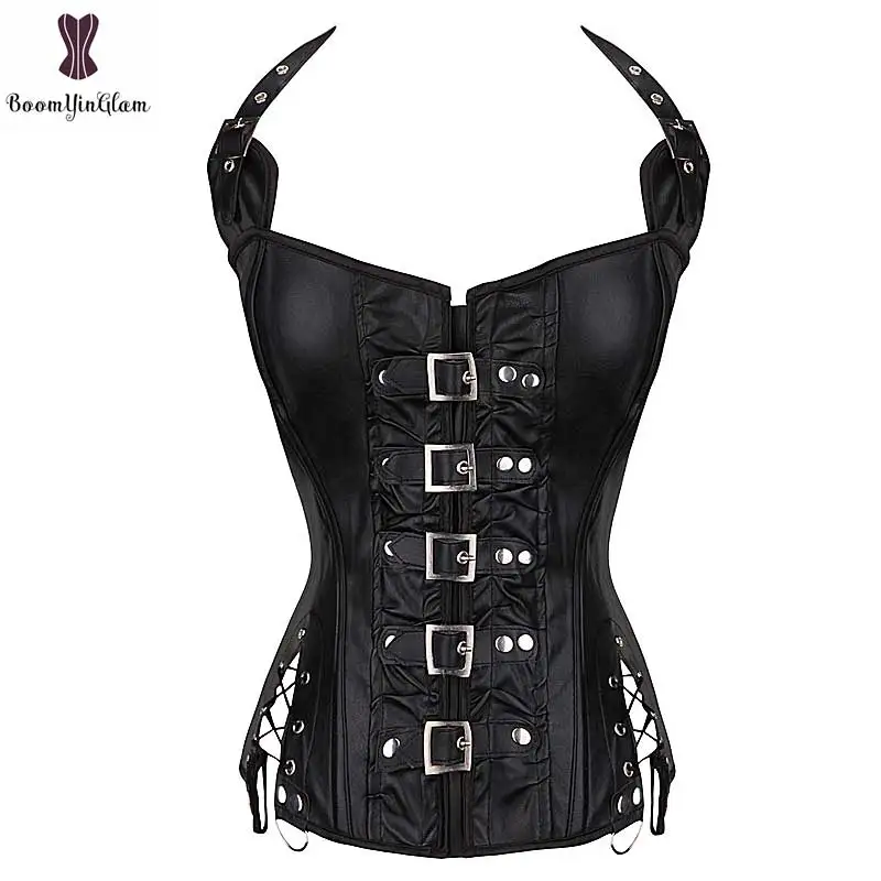 

corset Chinese Supplier Boned Women Over Bust Faux Synthetic Leather Halterneck Brown Black Corsets