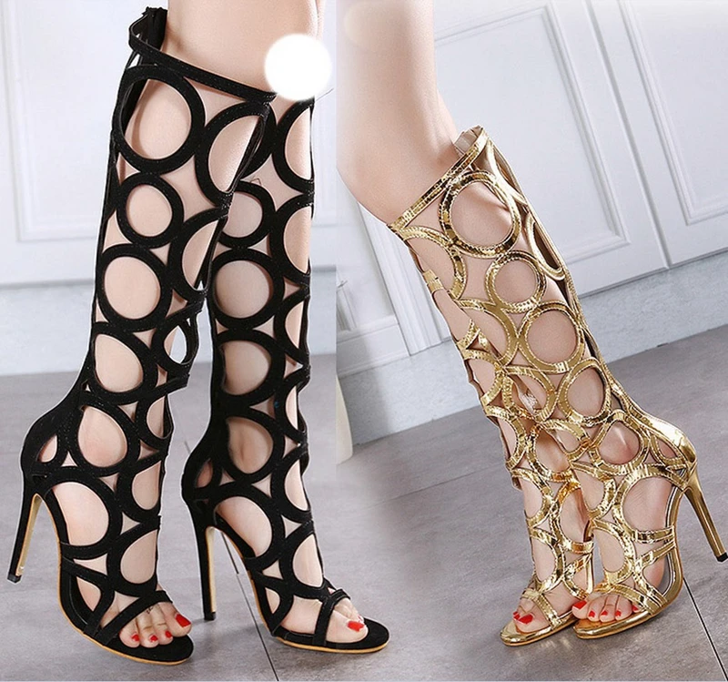 

Summer Hollow Out Hole Lady Sandals Women Suede Sexy High Heel Shoes Knee Boot, Black, gold