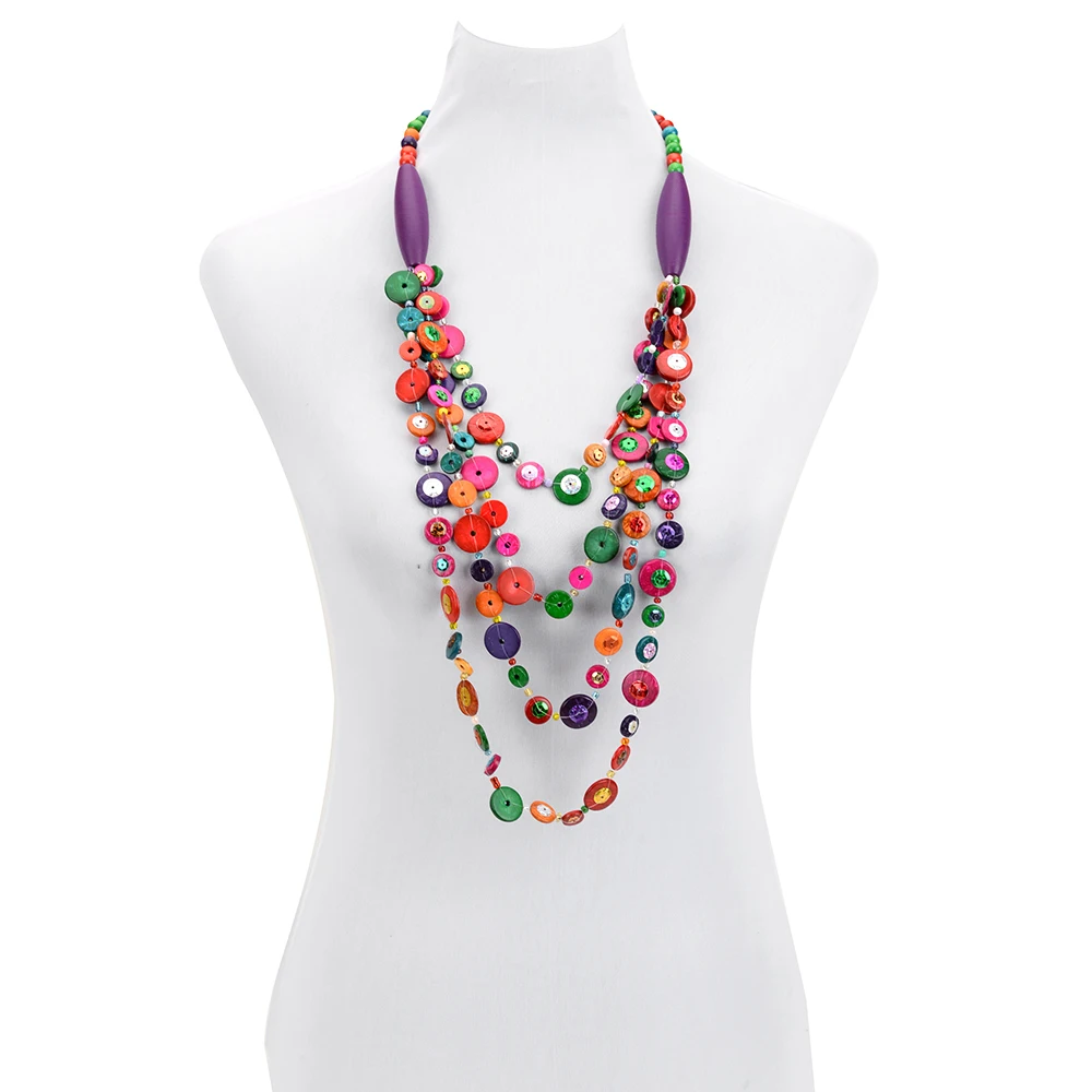 

OEM Multilayered Handmade Wood Beads Necklace for Women Bohemian Jewelry Ethnic Tribal Knit Statement Coconut Shell Necklace, Multi color