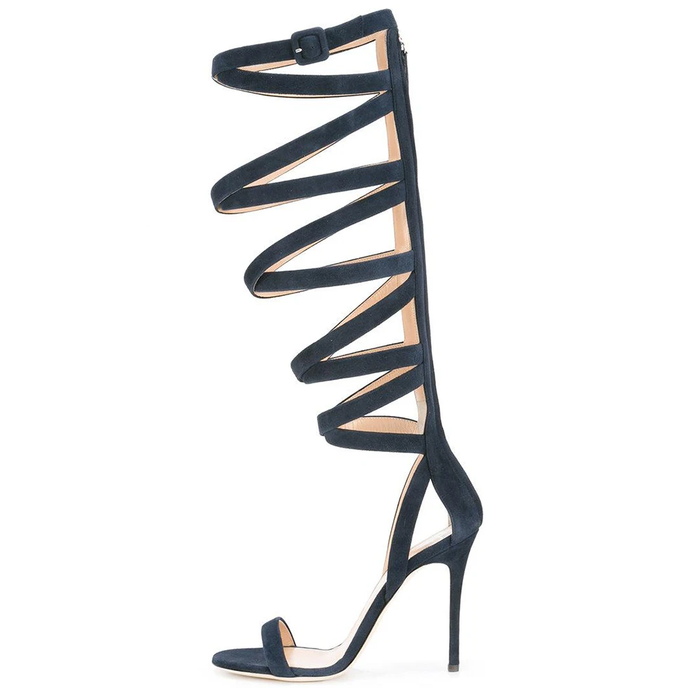 Blue Strappy Stiletto Sandals for Women Ladies High Heel Evening Dress Shoes Big Size 2018 Summer Knee High Gladiator Boots