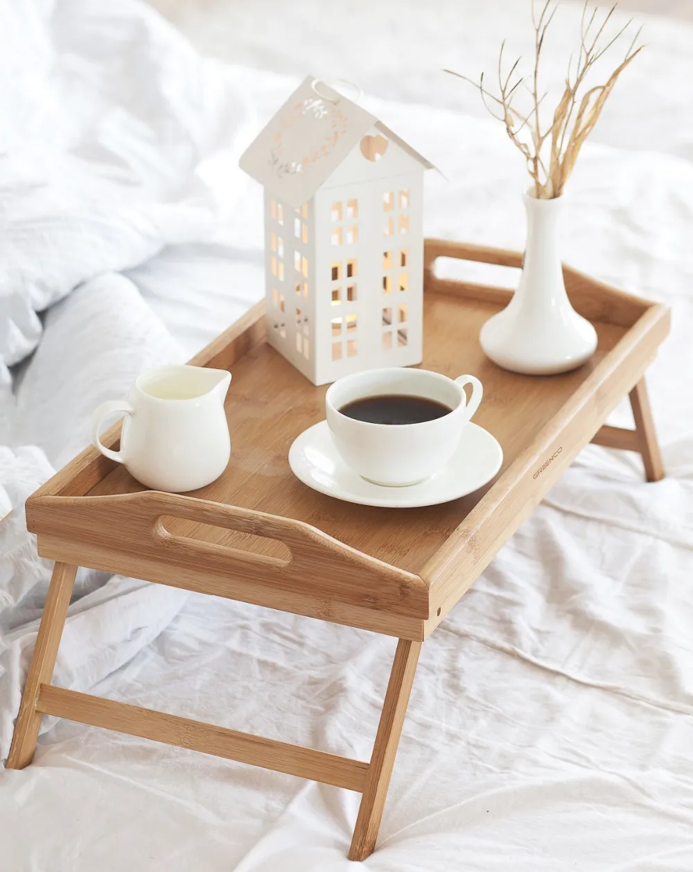 竹製折りたたみ式朝食テーブル、ラップトップデスク、ベッドサービング