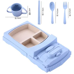 Image of 6pcs/Set Baby Cartoon Wheat Straw Dinnerware Kids Tableware Train Shape Set Plate Bowl Cup Forks Spoon Chopsticks Kit