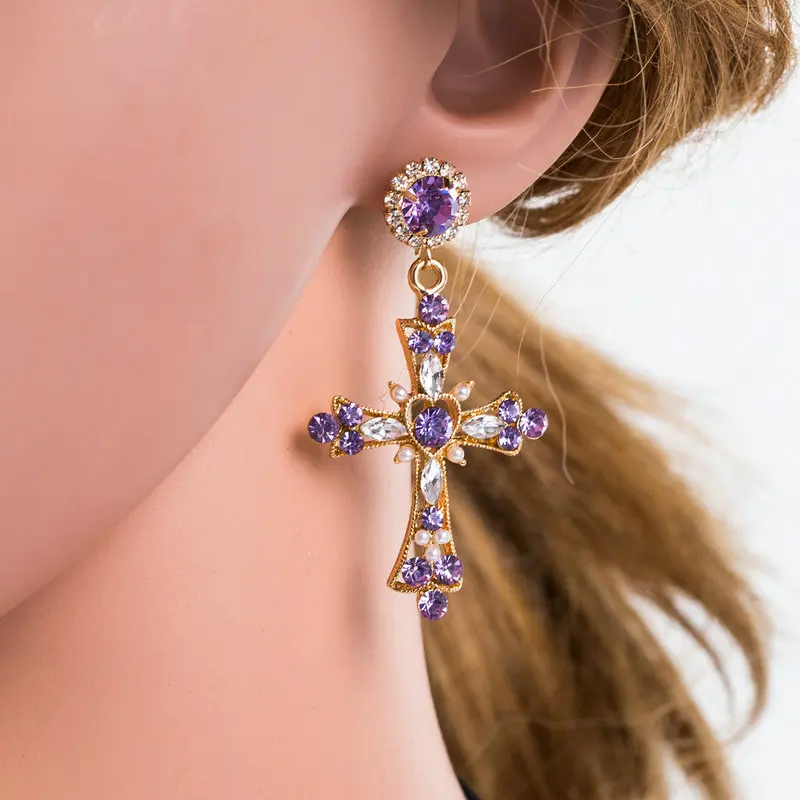 

Fashion Gold Vintage Baroque Style Jewelry Purple Crystal Rhinestone Heart Cross Stud Earring For Women Girls, As picture