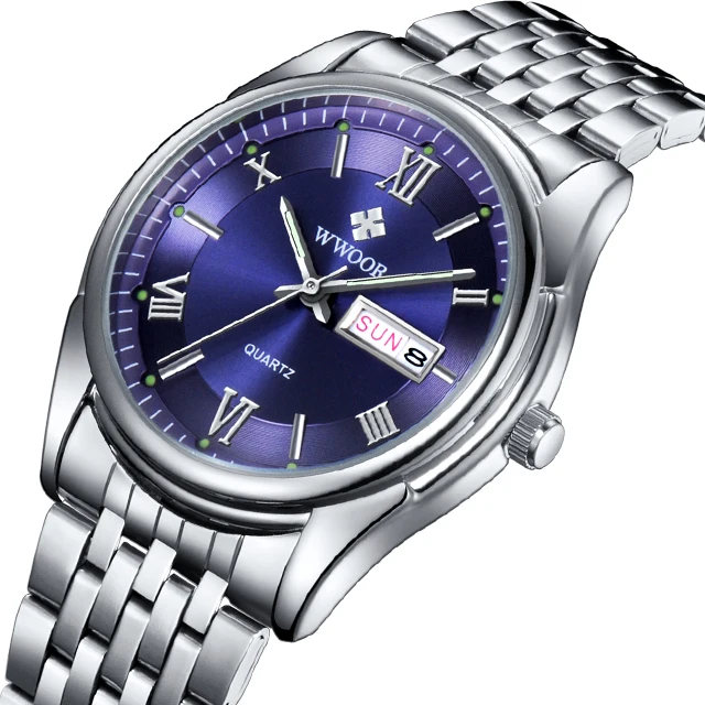 

WWOOR Top Classical Brand Men Business Luminous Clock Steel Band Waterproof Quartz Sports Wrist Watch, Blue/black/white