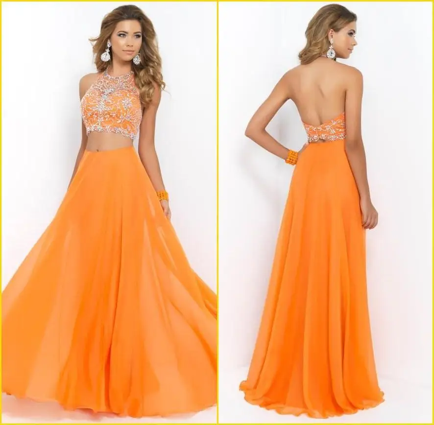 New Fashion Two Piece Orange Beaded Top Long Prom Dresses