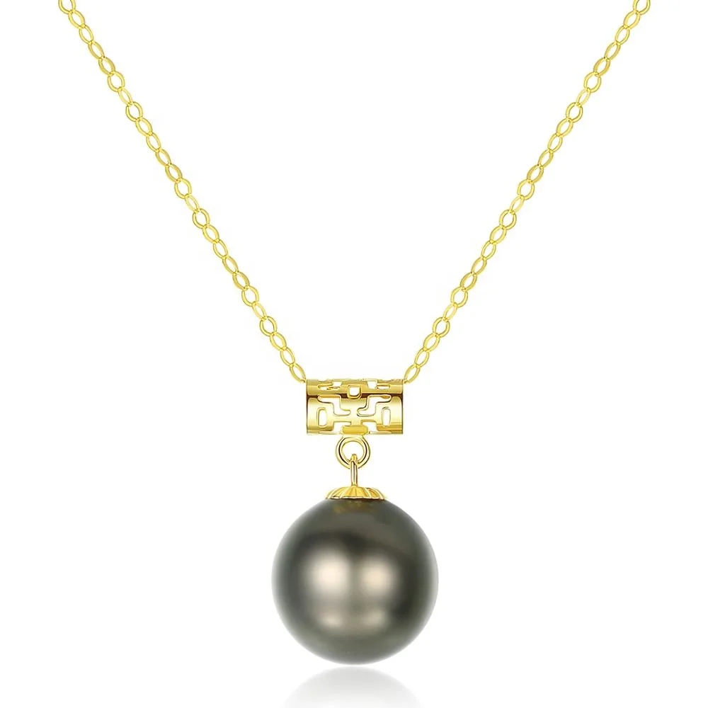 

CZCITY Real 18K Gold 8-9mm Round Black Tahitian Pearl Wedding Pendant Necklace for Women Elegant Charm Chain Necklace Jewelry