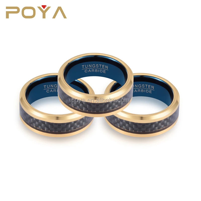 

1 Piece MOQ 8mm Gold Plated Beveled Edges Blue Interior Tungsten Rings with Black Carbon Fiber Inlay