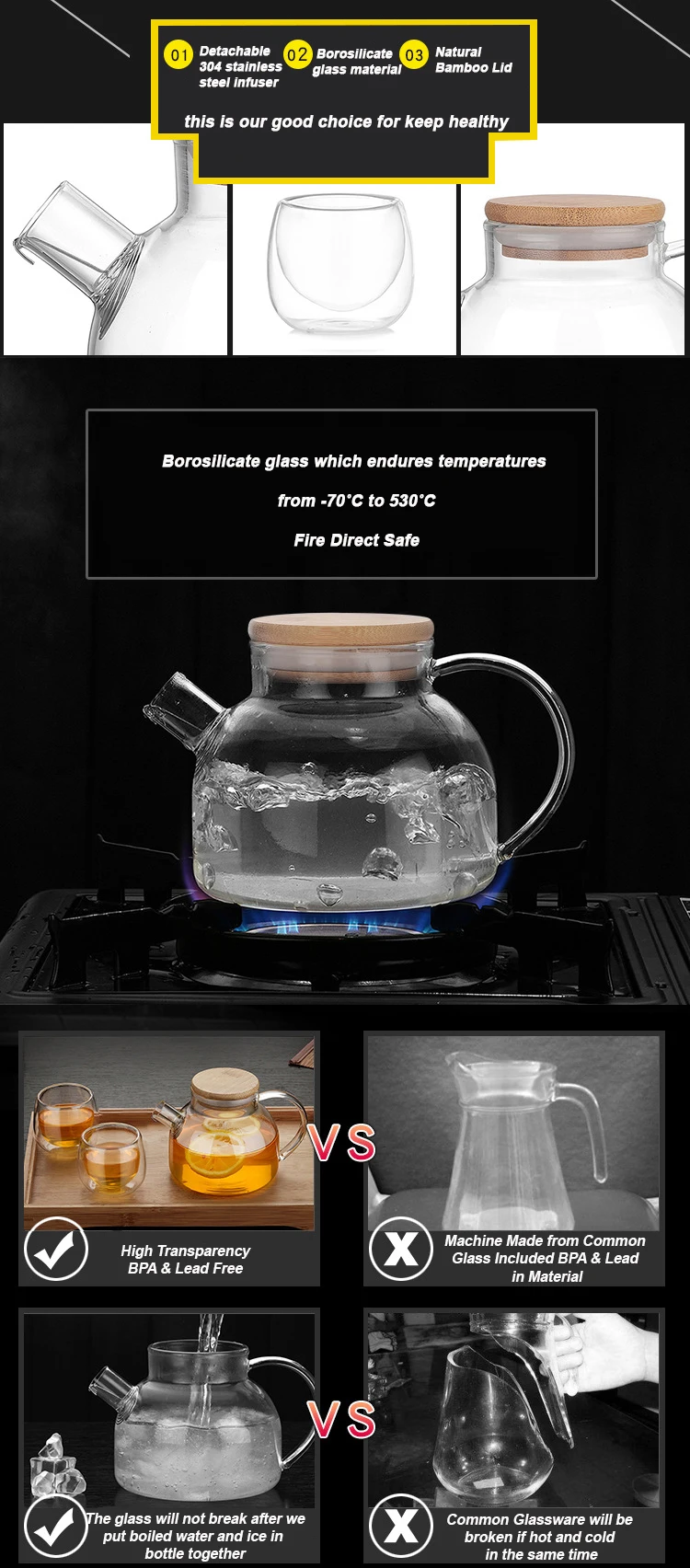 Heat Resistant Handmade Borosilicate Bamboo Lid Glass Teapot With Tea