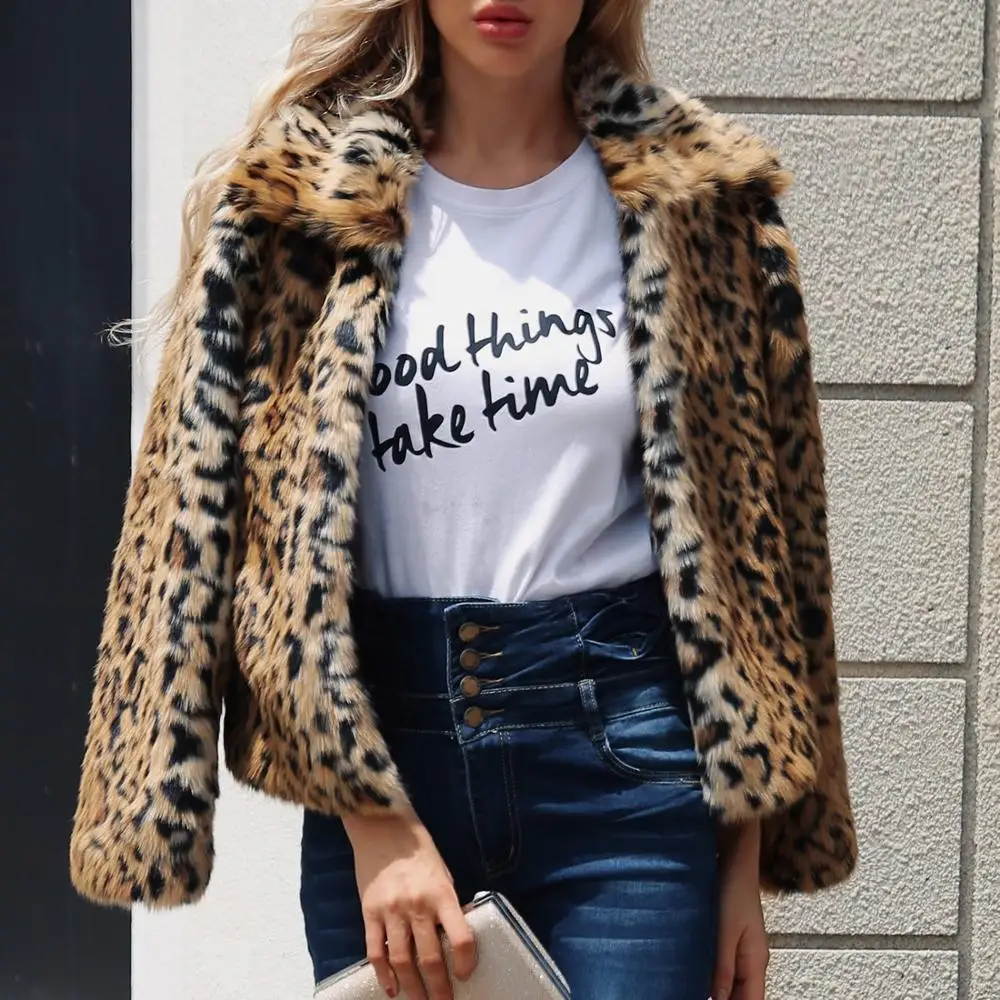 

Winter Women Domineering Feral Faux Fur Leopard Coats woman Fashion Warm Fur coat