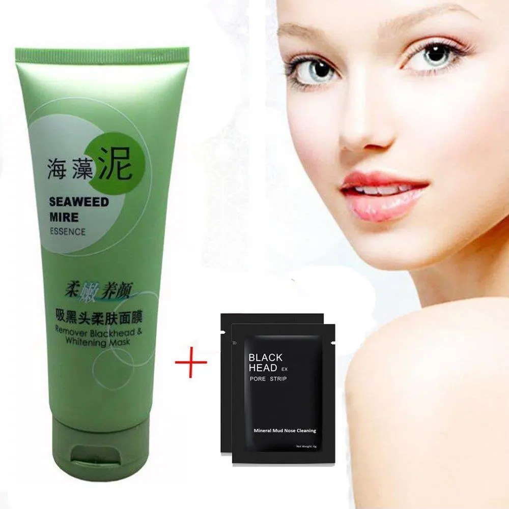 Blackhead Ex Acne Peel Off Mask, Deep Cleansing Blackhead Mask, Seaweed Mire Essence, Skin Care Suction Blackhead Remover, Facial Mask Pore Strip Tearing Peeling Shrink Pores(100g+2pcs nose mask)