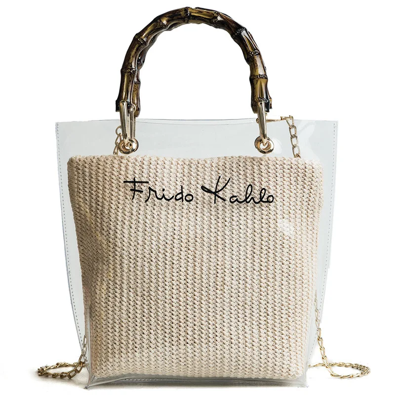 

BG-009 PVC jelly transparent tote bags with straw weaving handbags set wholesale beach water poof shoulder bags shopping bags, As picture show