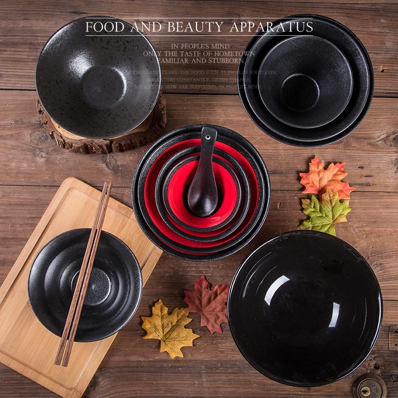 

Dinnerware Bowl Set Wholesale Cheap Japanese Style Ceramic Ramen Noodle Bowls, Black red