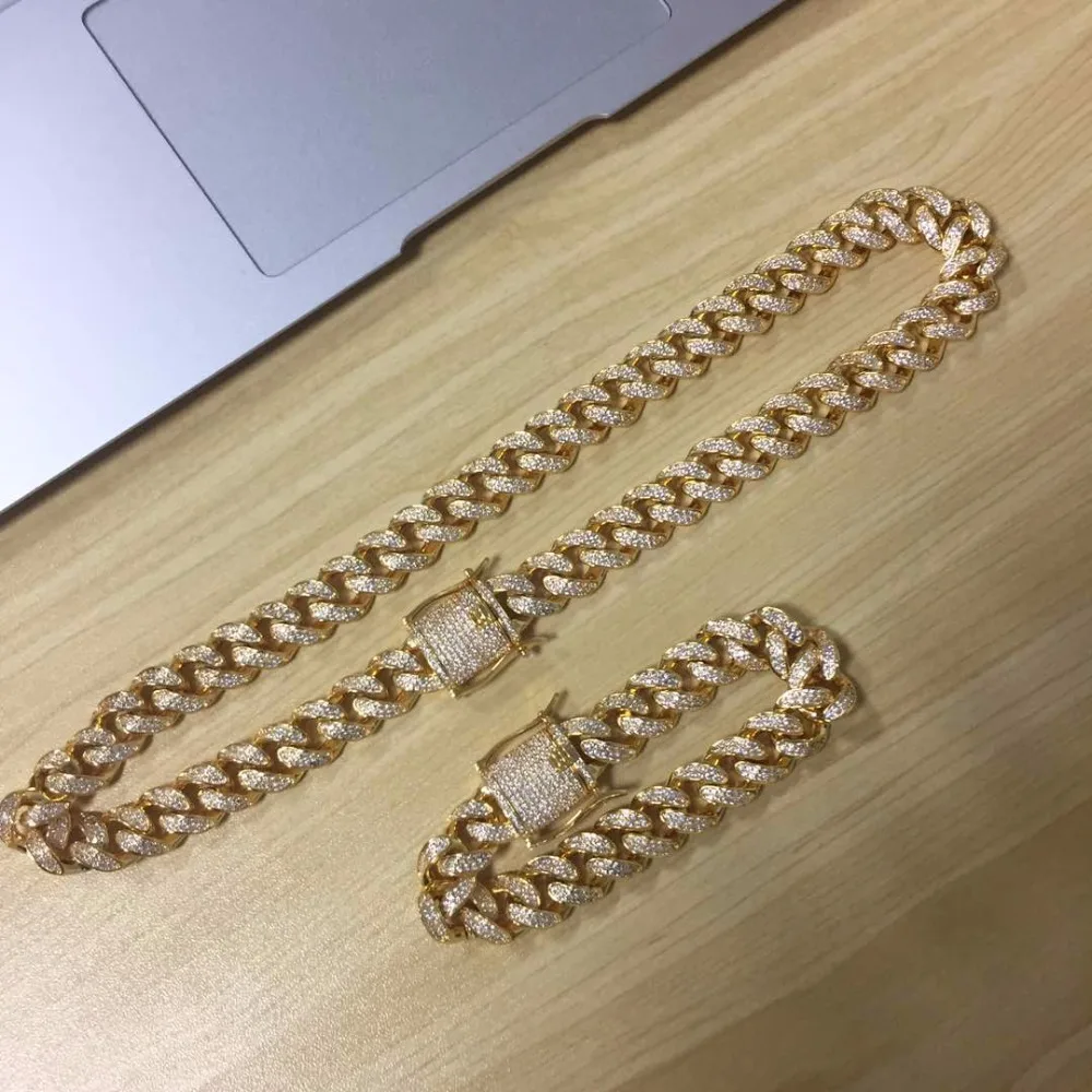 18K Gold Iced Out Hip Hop CZ Chain & Bracelet Men Miami Cuban Necklace