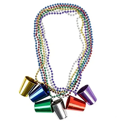 Party Beads Necklaces With Super Sized Charms 1 Dozen Bulk Pack, Includes 12 Necklaces With Shot Glass Charms, Assorted Colors - Parade Beads - Party Favors - Bulk Toys - Dress Up Play