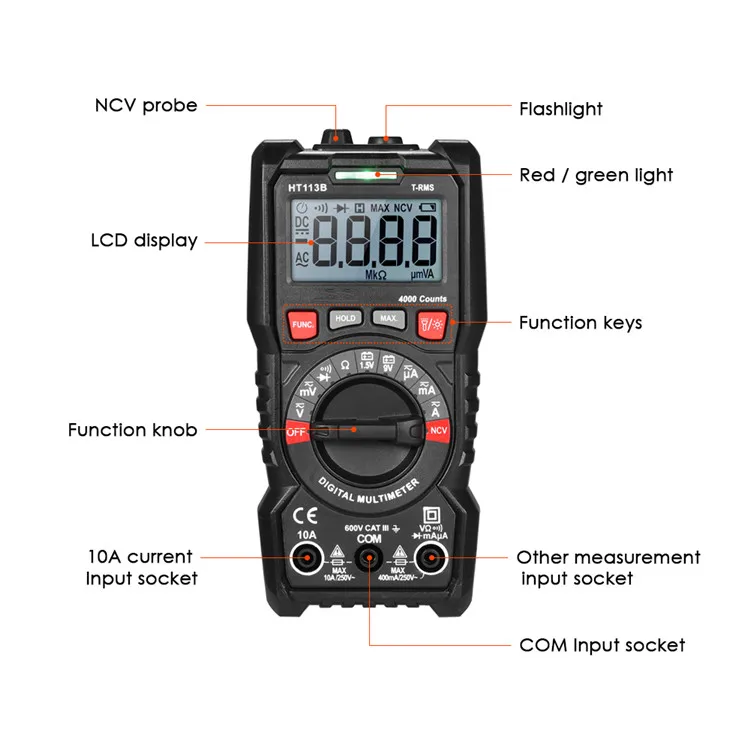 
HT113B Auto Range True RMS 4000 Counts Non Contact Digital Multimeter Tester 