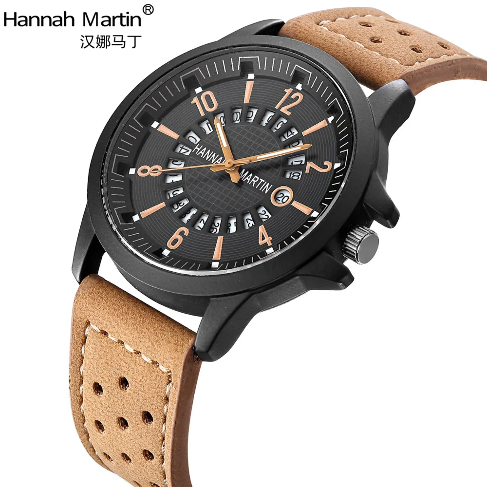 

2017 watches factory luxury brand Hannah Martin 1601 Men's Watches Calendar Casual Fashion Quartz Belt Wristwatches, Black;orange;brown;coffee