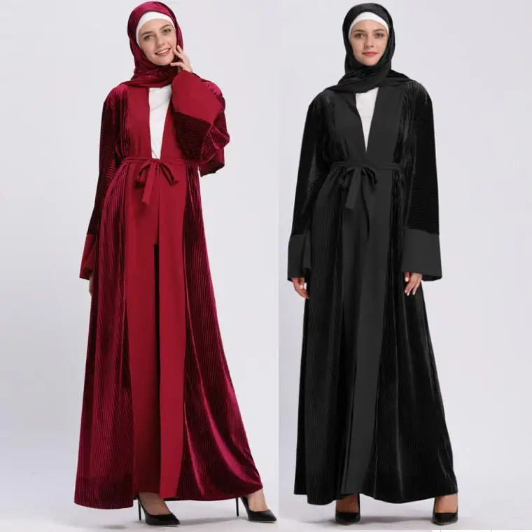 

New abaya designs muslims women warm winter wear plain velvet open abaya, Black;wine red