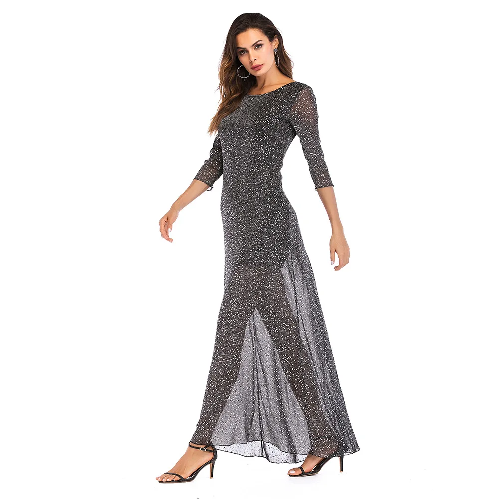 

YSMARKET Hot Silver Sequin Embellishment Long Gray Dress Elegant Autumn Clothing Women Party Dresses Maxi Vestidos De Fiesta, N/a