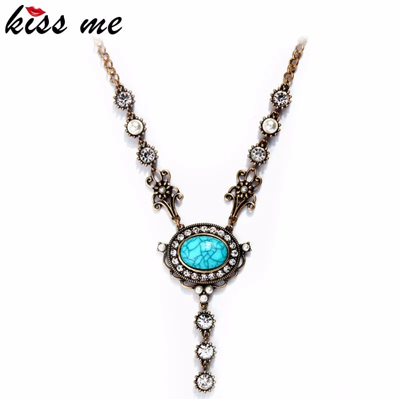 

xl02063 Simple Vintage Gold Chain Crystal Blue Stone Glow Dark Necklace For Ladies, As picture