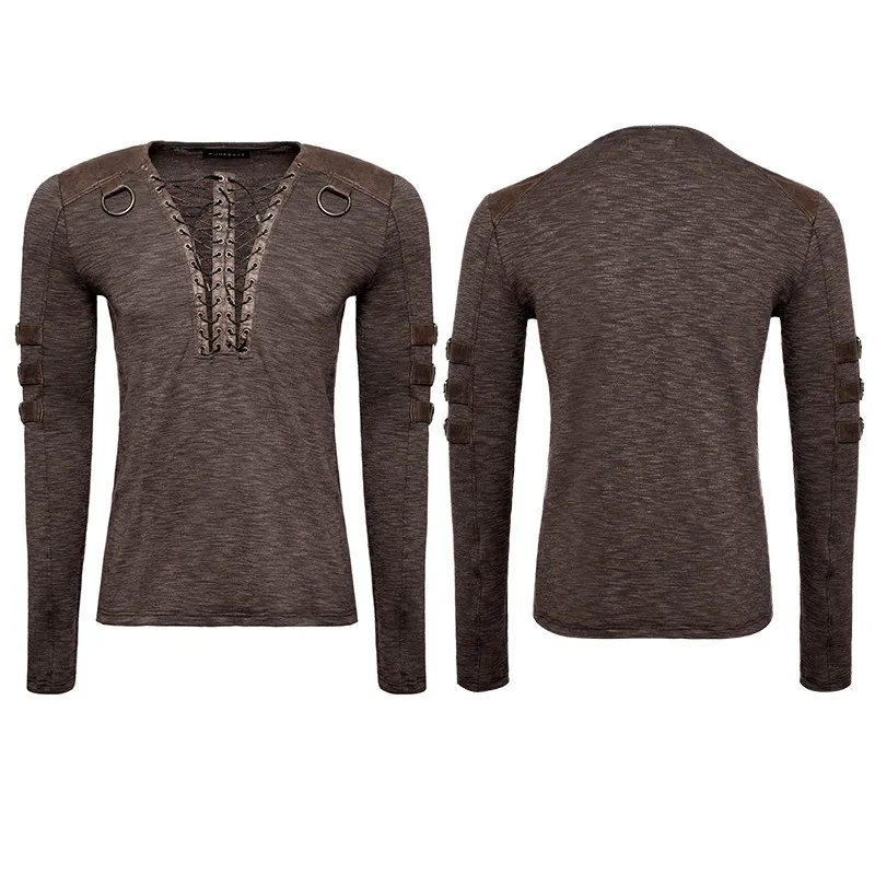 T-462 Coffee Steampunk bandage V neck long sleeves men shirts with straps