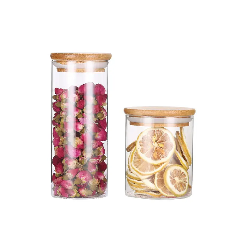 

wholesales customized different size of cylinder shape borosilicate glass storage jar for food with bamboo lid of food grade, Clear