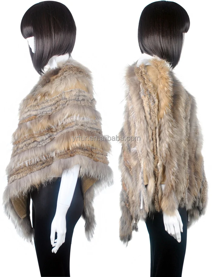 
YR104 YR fur Australia Style New Design Ladies Tassel Cape Real rabbit and raccoon fur Triangle Poncho 