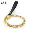 Big heavy 32mm thick stainless steel welded gold collar chains snap hook leather pet big dog leash