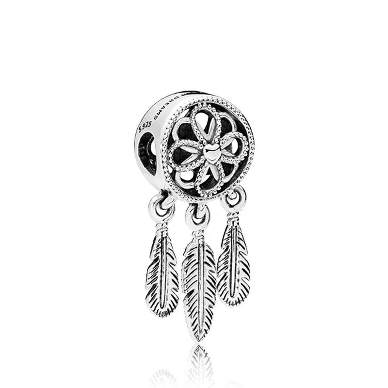 

Kailefu Jewellery 925 Sterling Silver Bead Charm Openwork Flower Feather Spiritual Dream Catcher Bead for Pandora Bracelet Diy