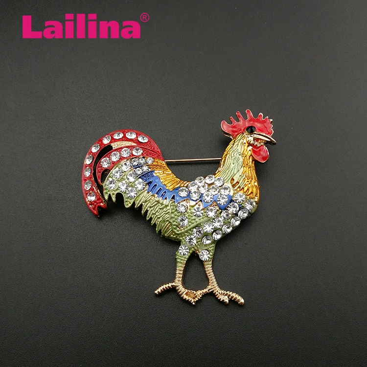 Rhinestone Large Red Rooster Fighting Cock Chicken Brooch Pin Multicolor Enameled Clear Crystal