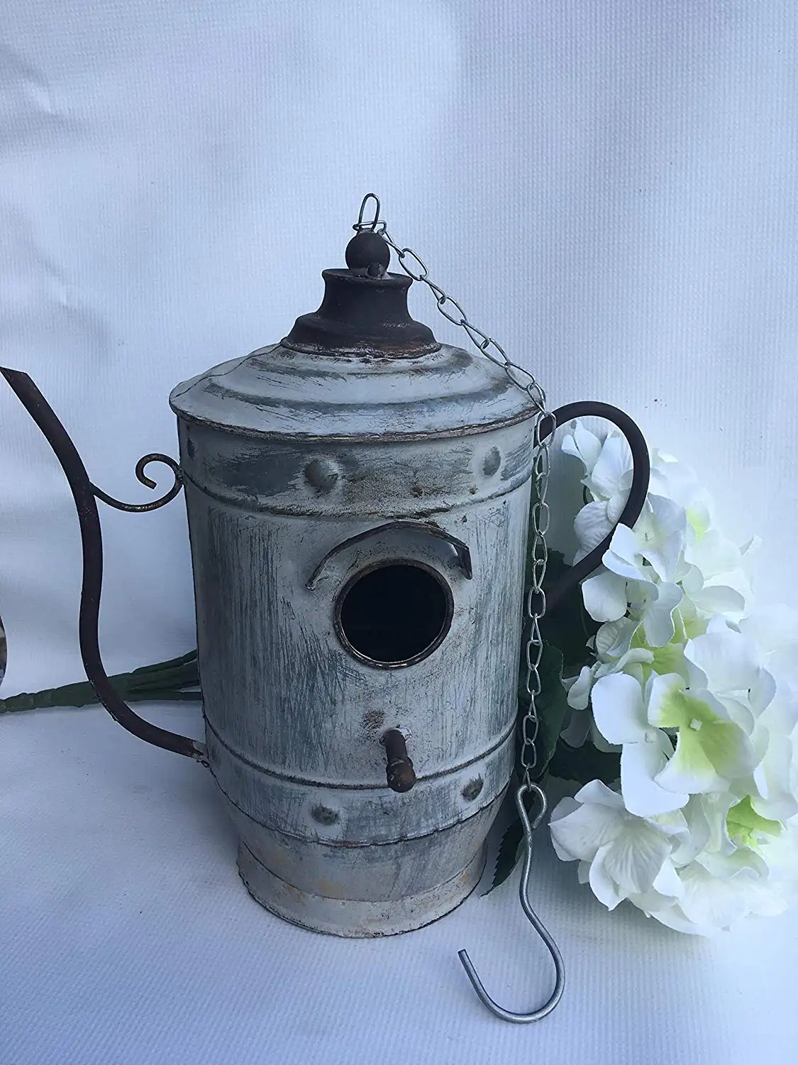 Hanging Tea Kettle Birdhouse - Cute Bird Home - Metal - Distressed Rustic Look