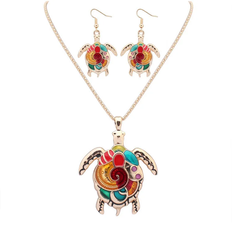 

2017 New bright color Enamel Animal Turtle Jewelry Sets Bead Necklace set