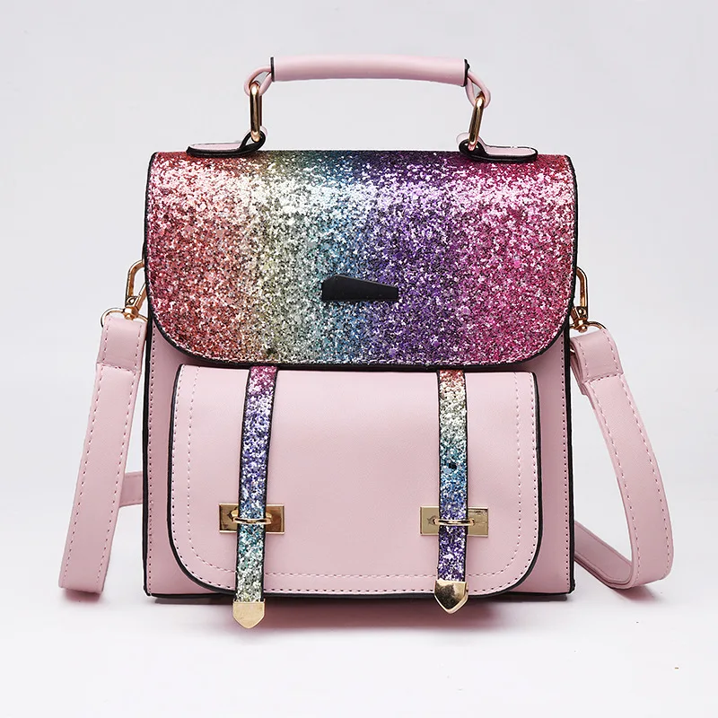 

2021 Trendy high quality school bags PU Leather back pack bag girls leisure sequins backpack, Rainbow