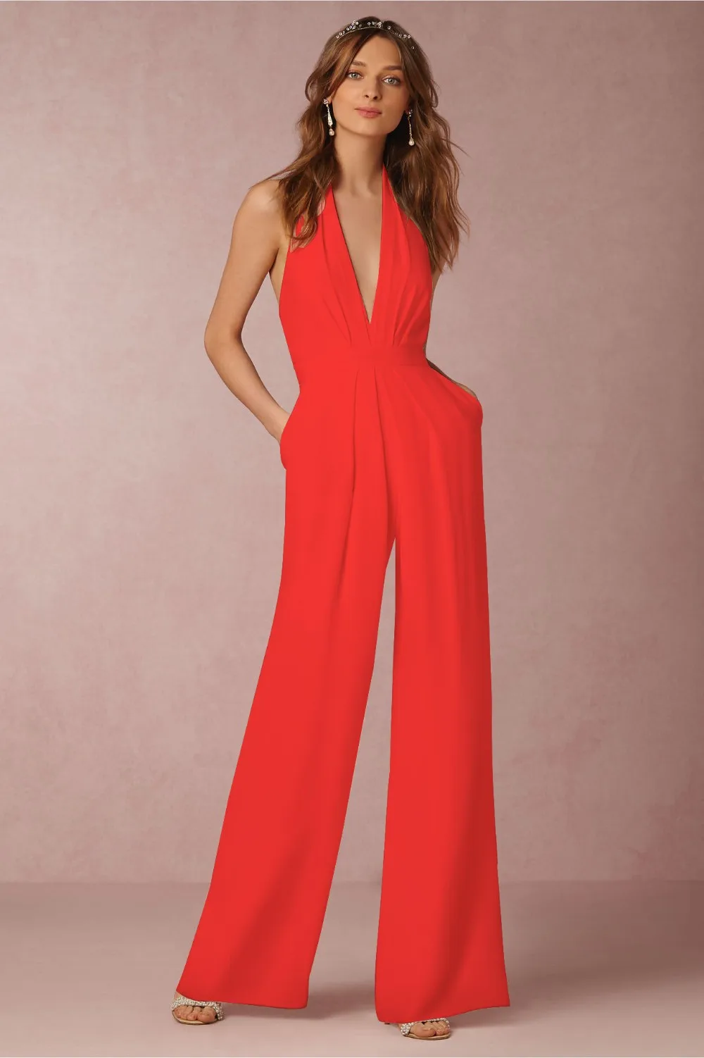 wholesale autumn Europe and the United States women solid color Sexy sleeveless halter jumpsuit