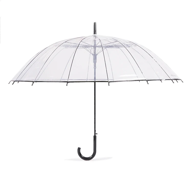 wholesale promotional custom metal shaft J handle 23'inch 16k automatic open pvc clear transparent umbrella