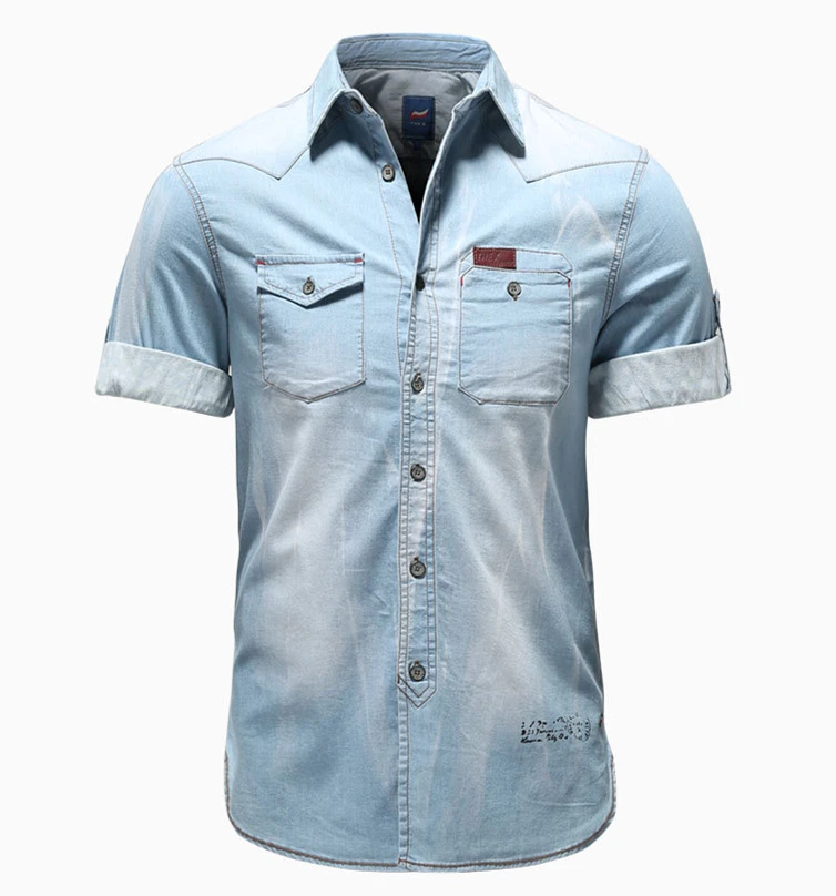 A4047 Men's Slim Denim Shirts Fashion Casual M-2xl Wash Blue Cargo ...