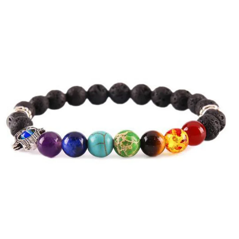 

8mm Natural Stone Hamsa Hand Charm Lava Bead Bracelet Mixed Color Beads Healing 7 Chakra Bracelet, White;silver