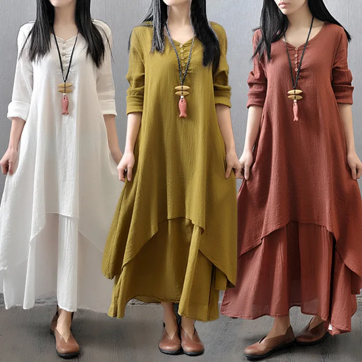 

Korean Style Women Elegant Long Sleeve Dress Cotton Linen Loose Dress, White, burgundy, black, brick red, ginger