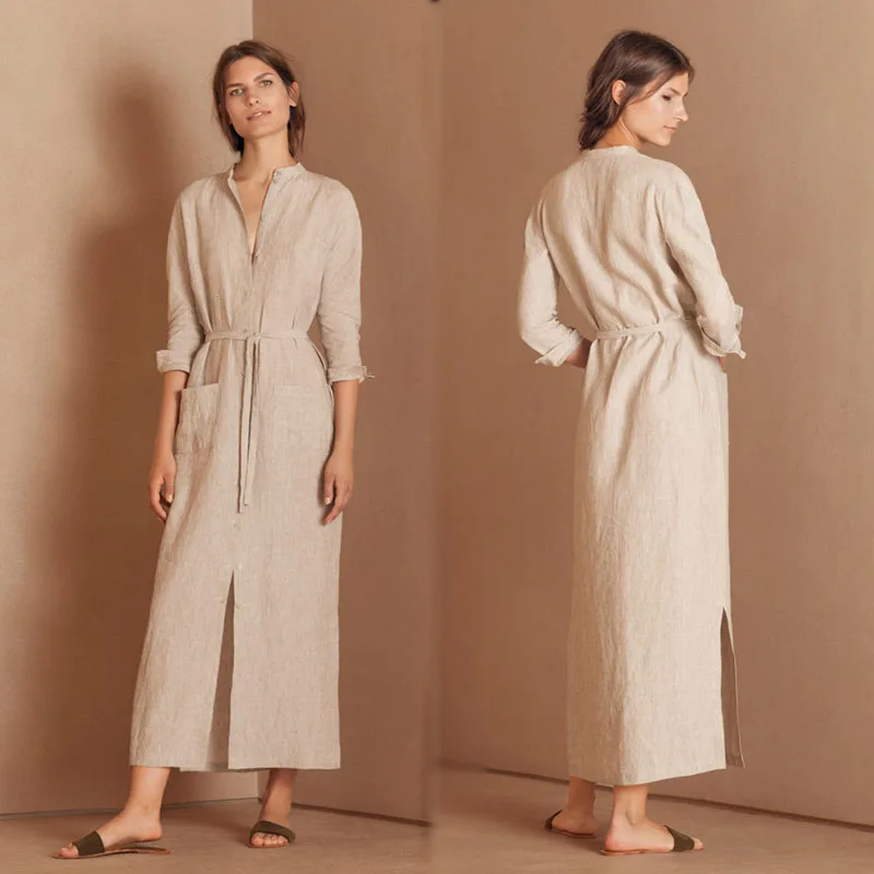 

Autumn New Arrivals Muslim Clothes Button Women Belt Maxi Shirt Dress, White