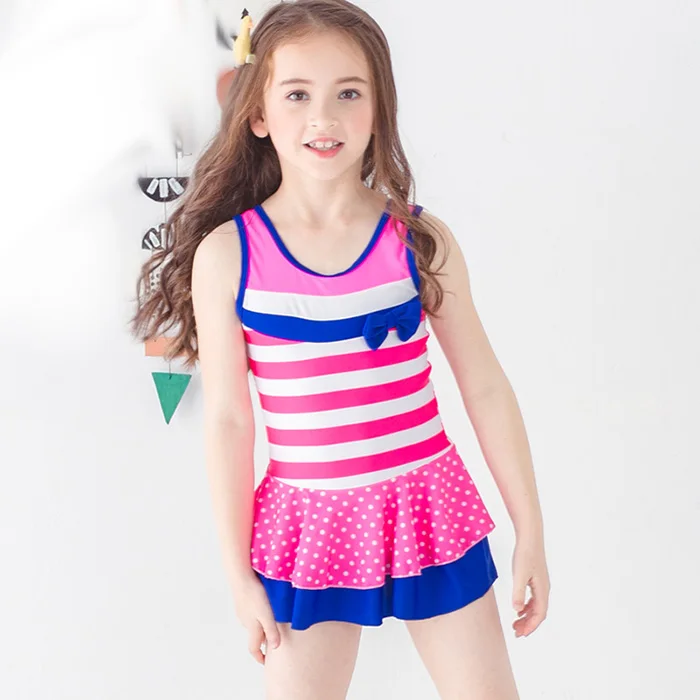 

Uv Girl Falbala Skirt Strip Dot Rash Guard Swimsuit Wholesale Kid Swimwear