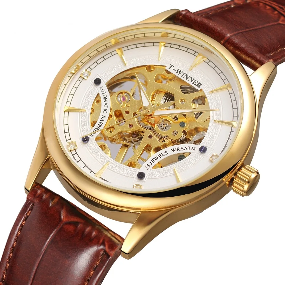 

Winner Watch 2019 Mens Luxury Watch Mechanical Winner Male Watches Men Wrist Genuine Leather Gold Clock Wristwatches, 5-color