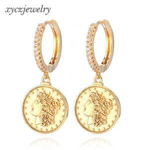 Fashion drop hoop earrings gold color coin charm mary earrings female jewelry for party