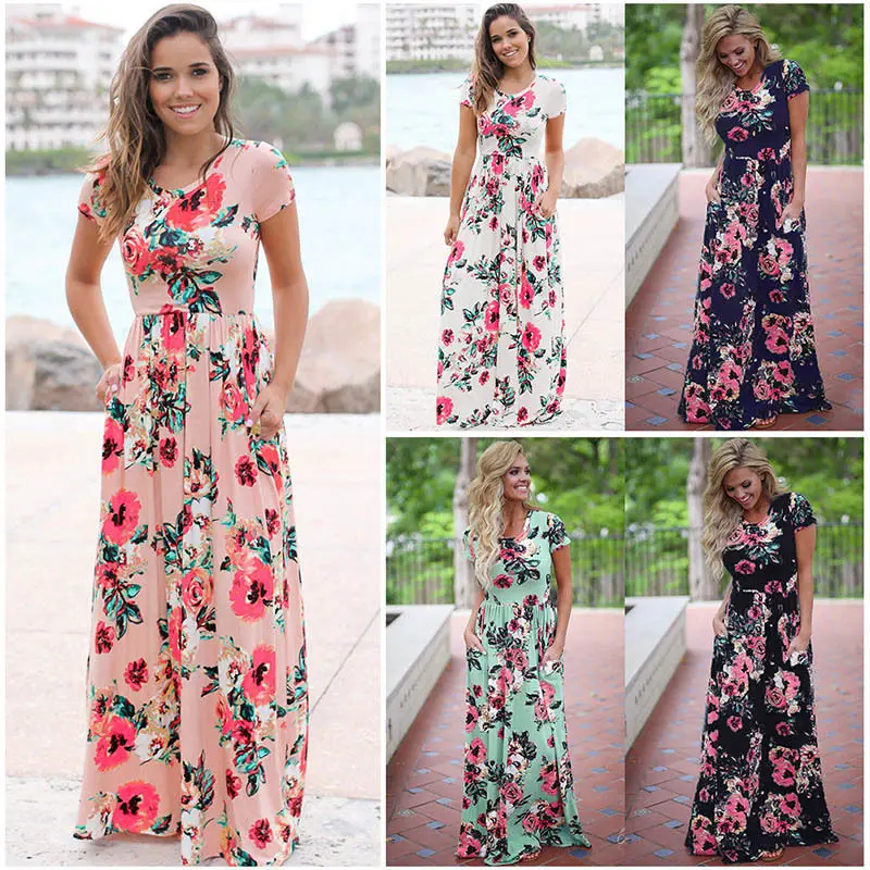 

F20486A Summer hot style short sleeved dress pocket knit print maxi dress for ladies, White;pink;green;black;dark blue