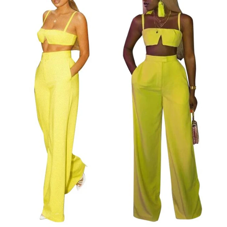 Yellow Chiffon Sexy Women Two Piece Outfits Beach Summer Outfits Matching Sets Skirt and Crop Top Sexy Solid Bra and Pants Set