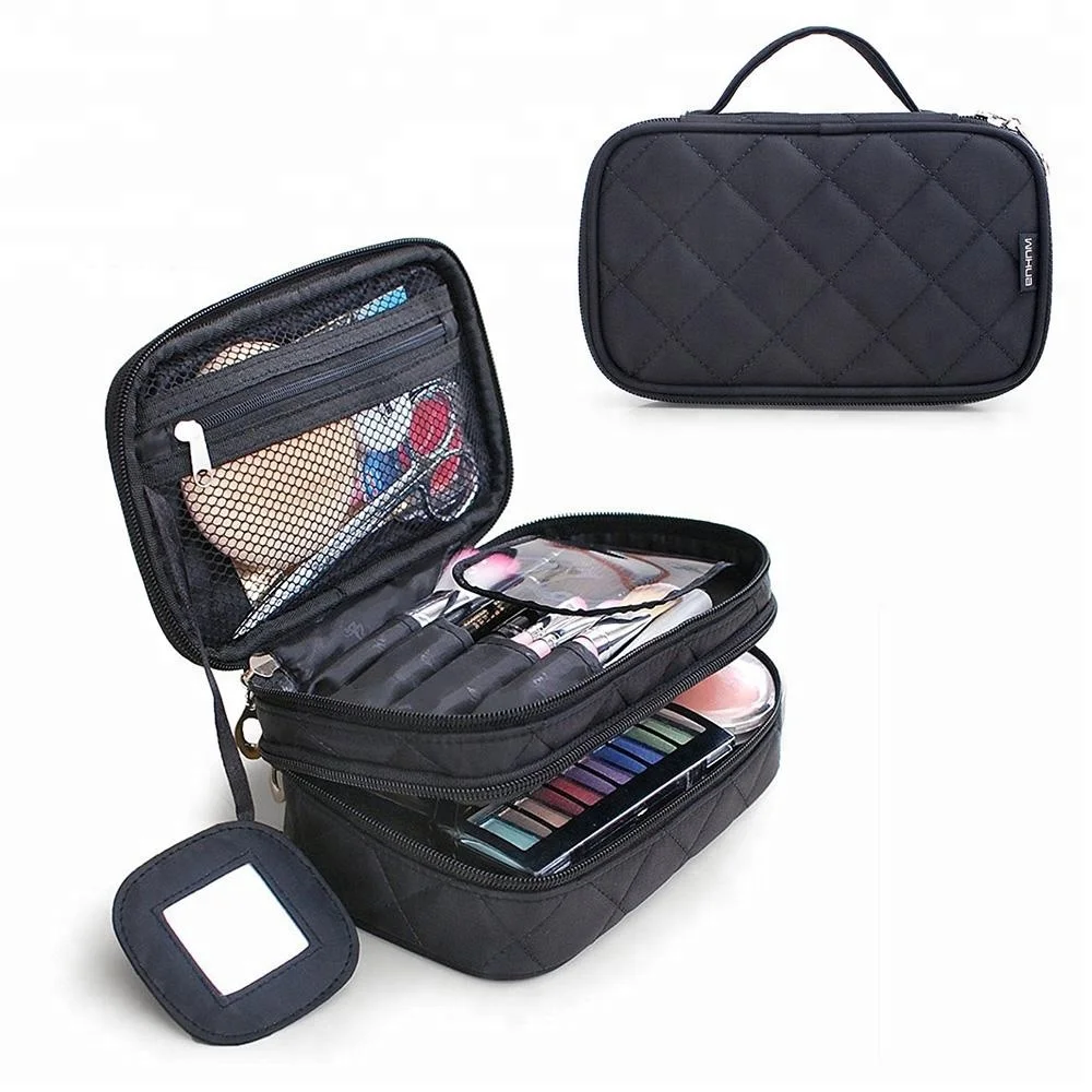 

Double Layers Nylon Tote Zipper Portable Travel Cosmetic Storage Bag Makeup Bag with a Mirror, Rose red, black, coffee, pink