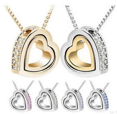 

Valentine's Day Double Love Heart Crystal Rhinestone Fine Jewelry Pendant Necklace Gift, Gold/clear ,gold/silver,silver(clear ,purple,rose,sapphire)