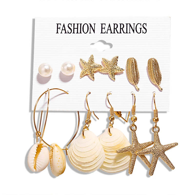 

Fashion Bohemian Conch Shell Drop Earrings Set for Women Pearl Starfish Leaves Scallops Earrings Set Jewelry (KER408), Same as the picture