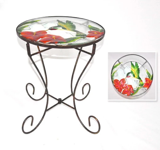 Antiguo pintado a mano colibrí vidrio mesa de Metal soporte de la