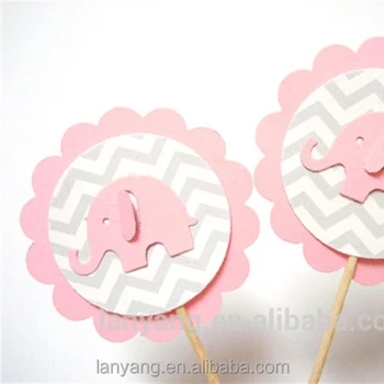 Customized Round Pink Elephant Girl Cupcake Picks Baby Shower