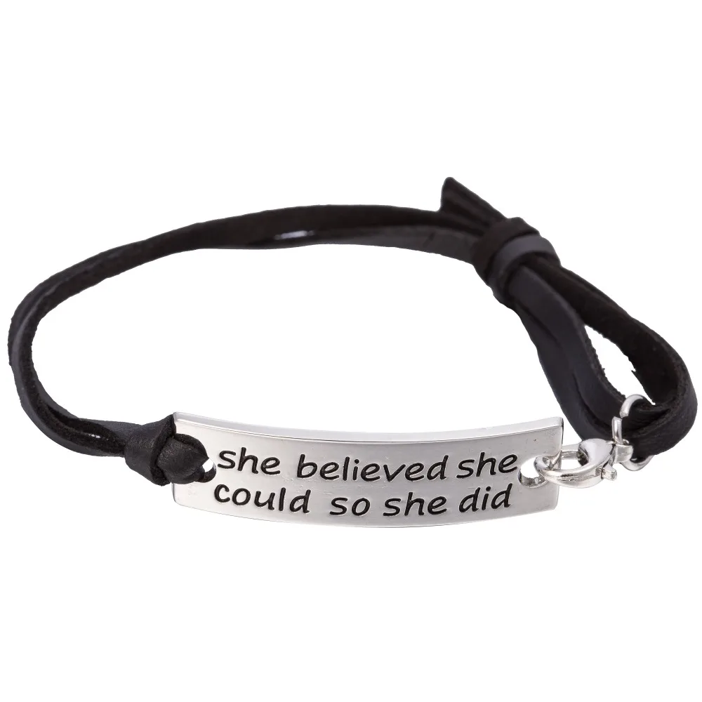 

she believed she could so she did" metal plate charm encourage bracelet girls' new designer bracelet, Black/khaki/brown