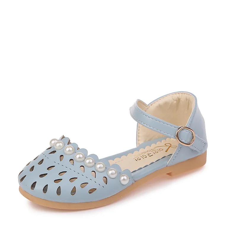 

New design fashion style soft sole children pearl princess sandals, Blue/pink/white